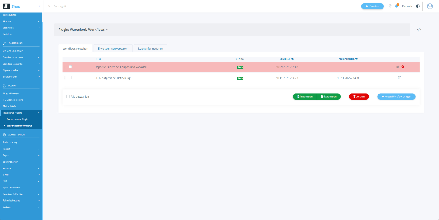 Warenkorb Workflows Plugin - Übersicht