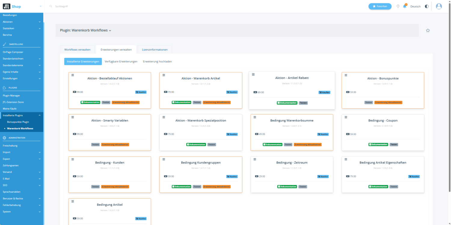 Ansicht installierte Erweiterungen